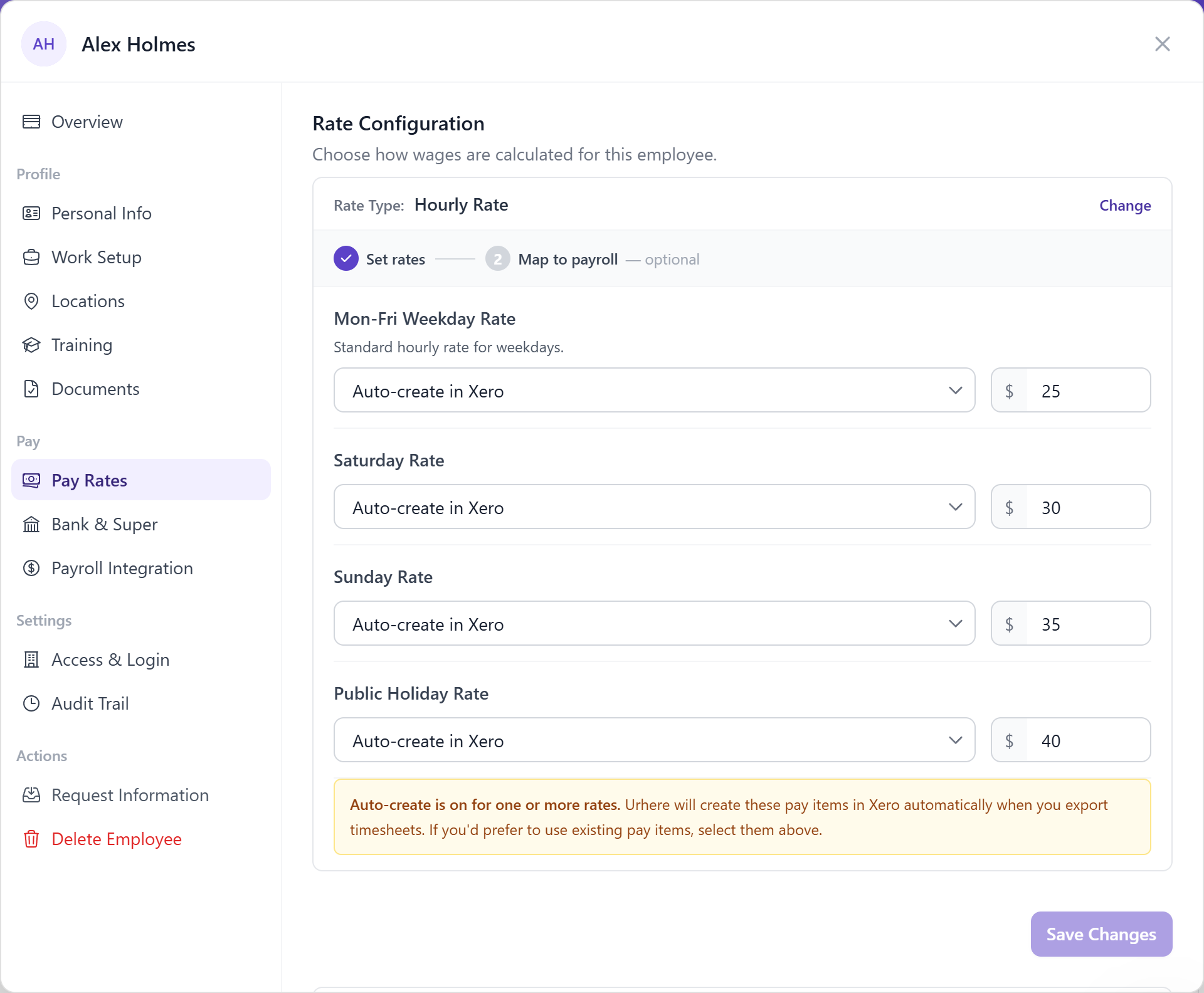Employee details and pay rates — synced to payroll automatically