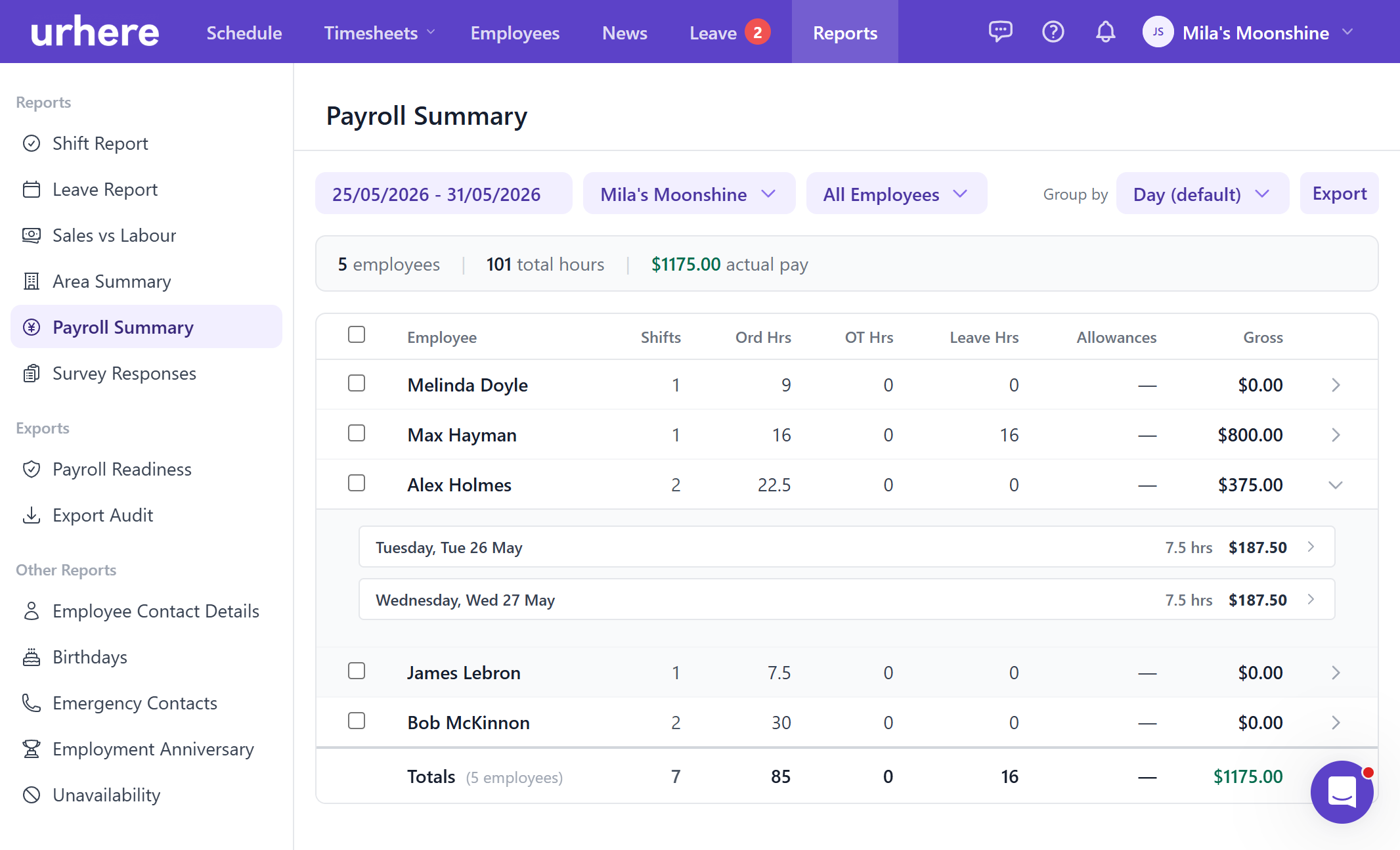 Filter, review and export — before the pay run
