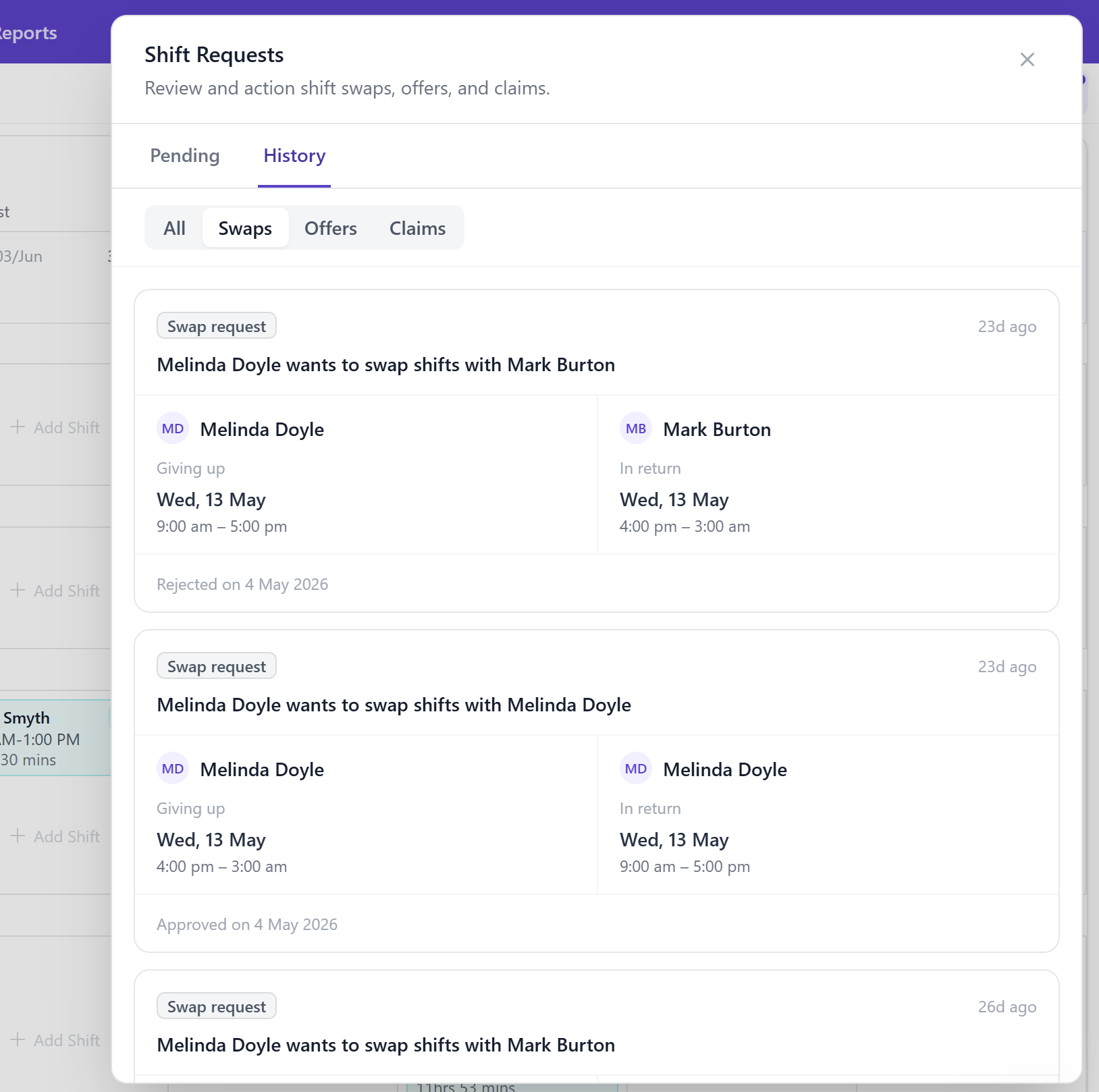 Swap requests, offer claims, and leave approvals — all in one place
